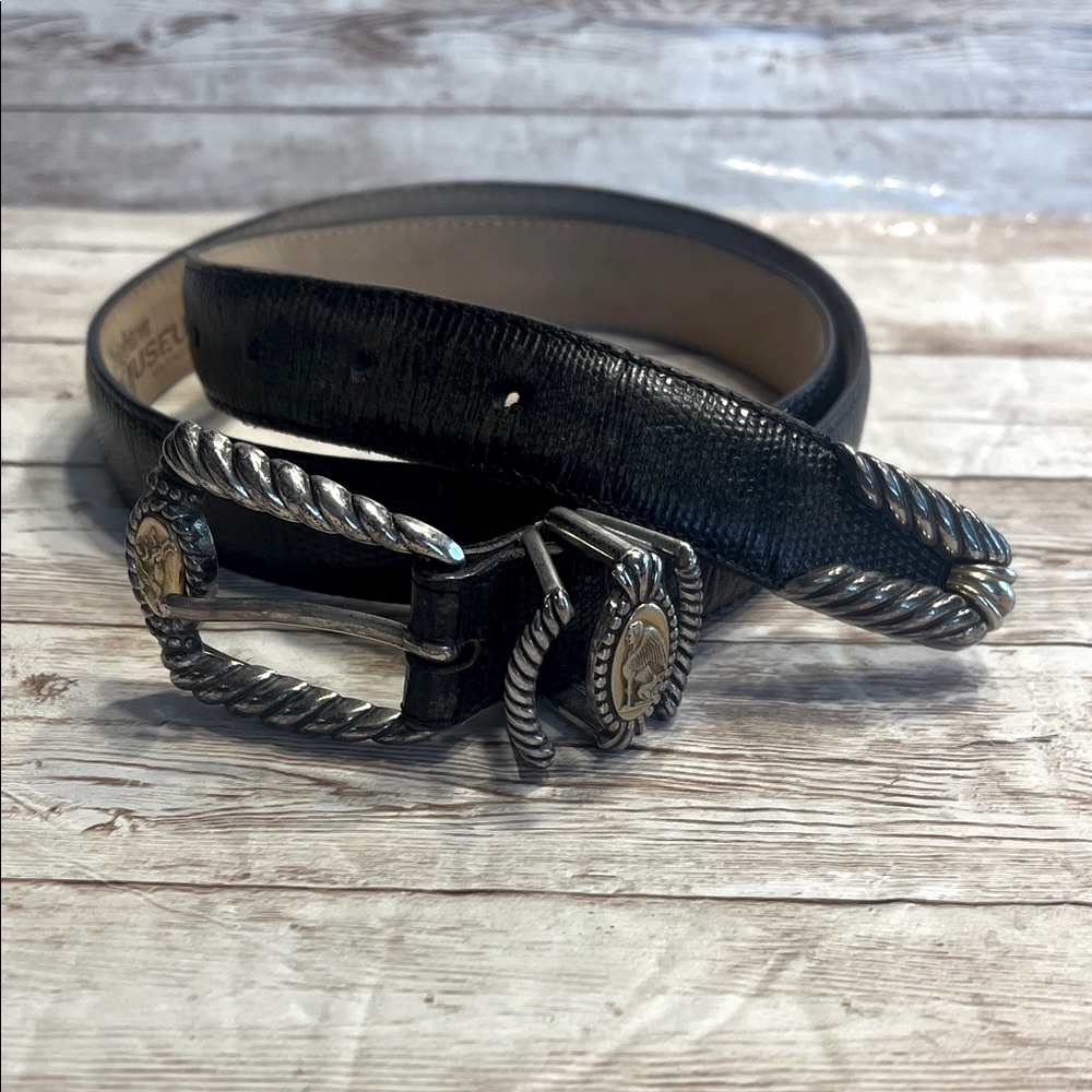 RARE Brighton museum collection Black Leather Belt Silver & Gold Coin Accents